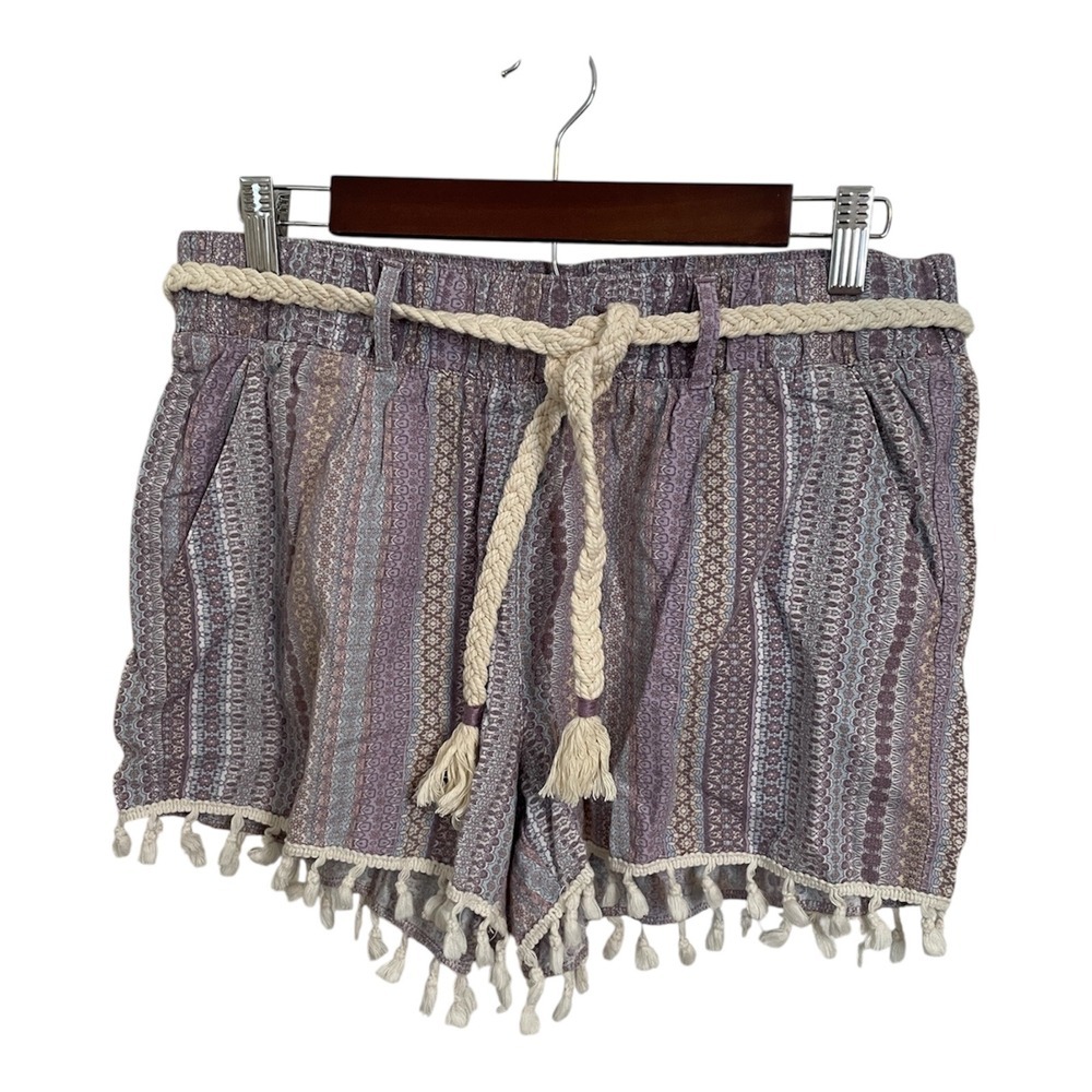 Rewash Women's Shorts Size L Purple Linen Blend Boho Tassel Belted